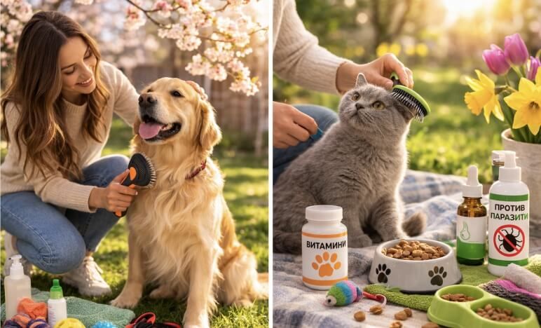 Разделена на две сцени пролетна снимка за грижа за домашни любимци. В лявата част жена на открито в градина под цъфтящо дърво реши златист голдън ретривър с четка, докато около тях има играчки за кучета и продукти за грижа. В дясната част пухкава британска късокосместа котка лежи върху одеяло, докато човек я реши с четка. До нея има купичка с котешка храна, витамини, препарат против паразити, играчка мишка и пролетни цветя.